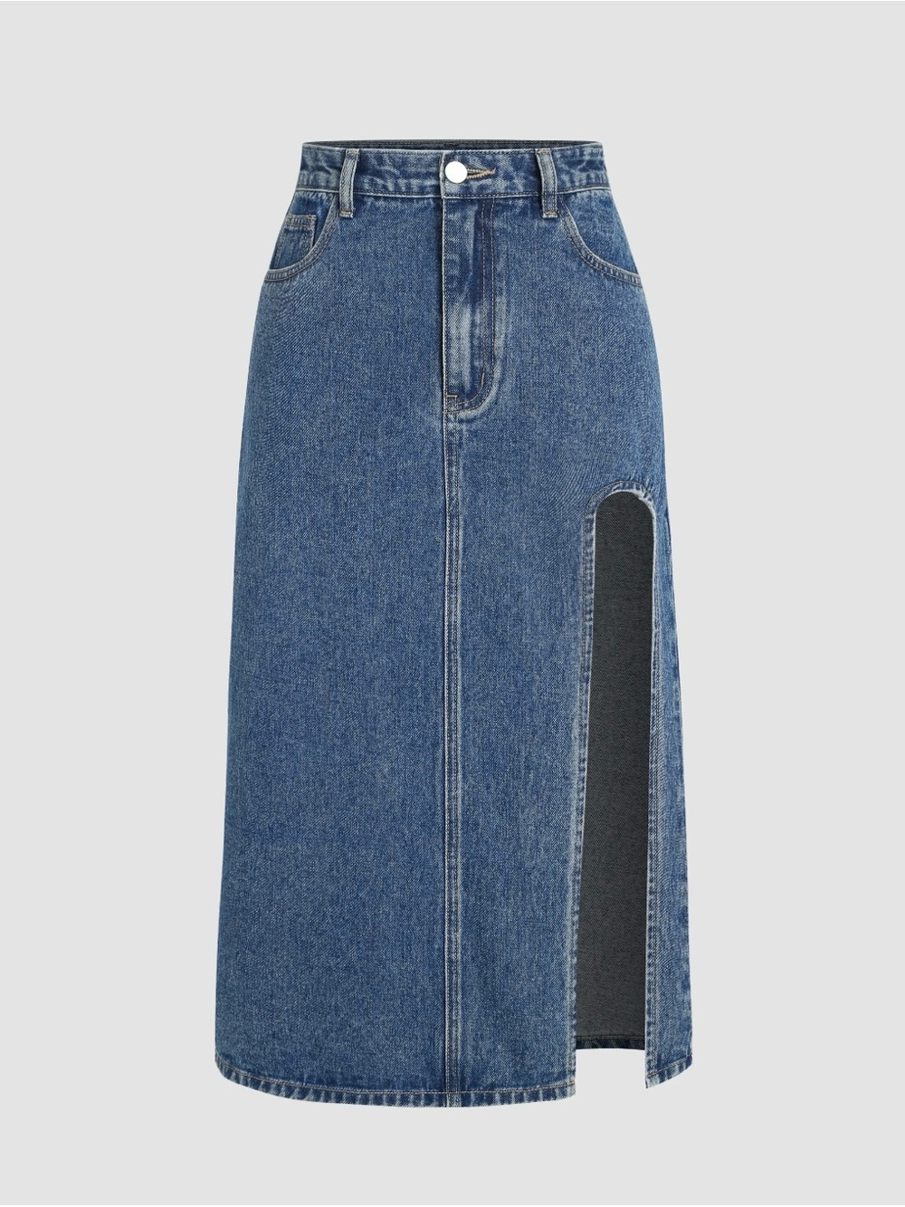 Denim High Waist, Thigh Split Midi Skirt, Large/8